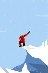 Dangerous trick. Man in sportswear riding on snowboard, standing on snowy mountain peak. Creative design. Concept of winter sport, holidays, vacation, tourism, extreme. Poster, ad