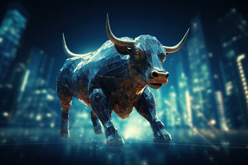 Bull and stock market graph in blue, digital technology and futuristic style. - obrazy, fototapety, plakaty