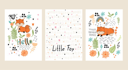 Vector arrangements with fox. Woodland decoration on a white background. Nursery poster.