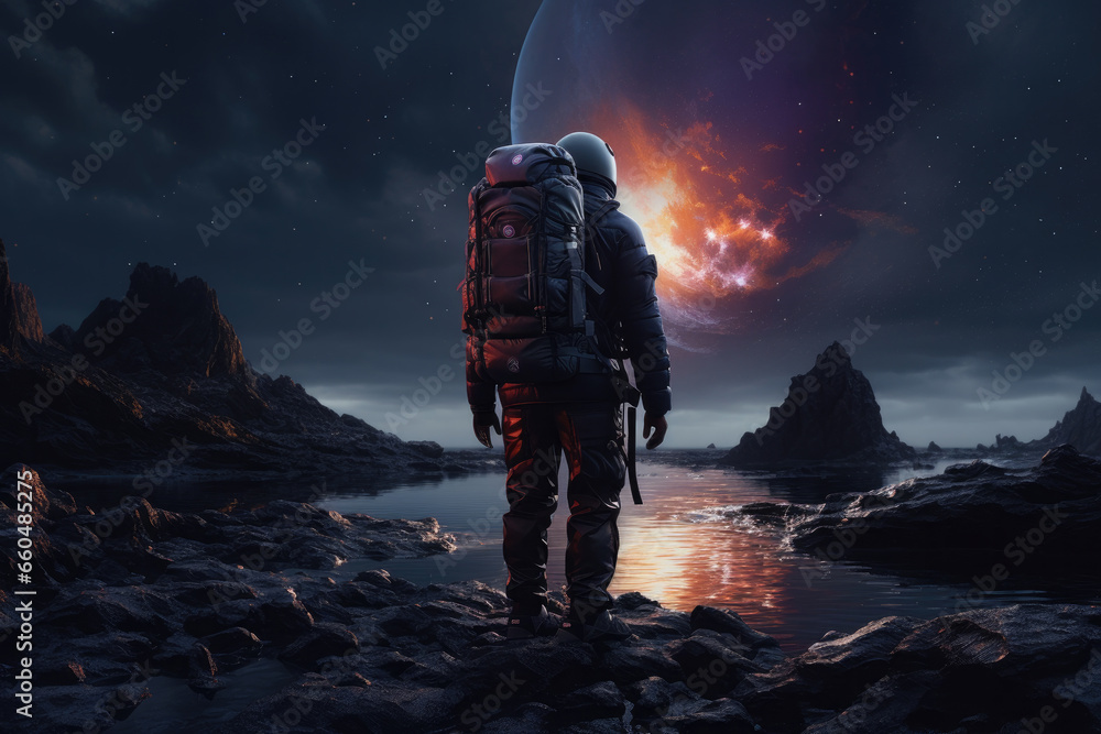 Aufkleber rear view of astronaut with backpack walking on planet with space view