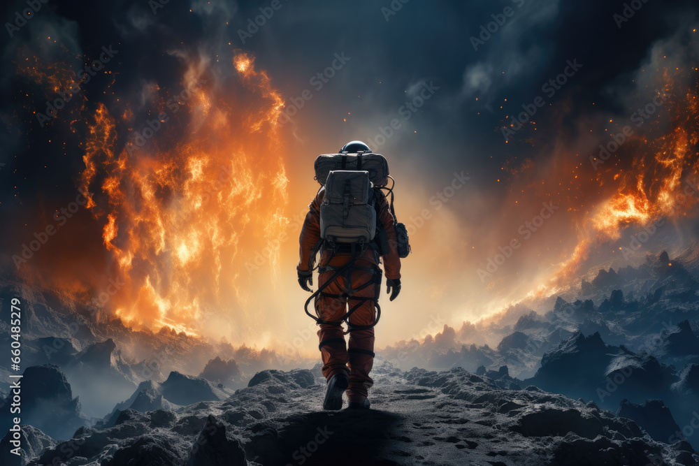 Poster rear view of astronaut with backpack walking on planet with space view