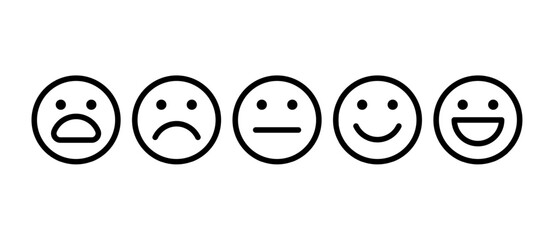 Emoji feedback scale icons set. Vector black line icons isolated on white background. - obrazy, fototapety, plakaty