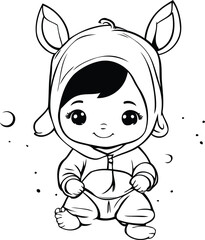 Cute cartoon baby in astronaut costume. Vector illustration for coloring book.