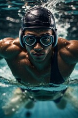Close up of a handsome African American man wearing a swimming cap and glasses swimming in the pool in the evening or at night. Health, professional sports, active recreation, relaxation concepts