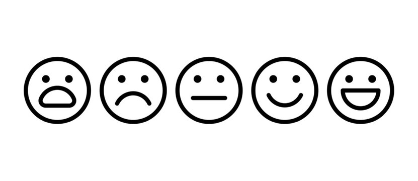 Naklejki Emoji feedback scale icons set. Vector black line icons isolated on white background.