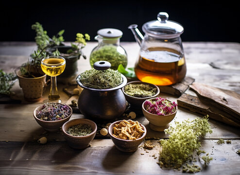 herbs and spices on wooden table