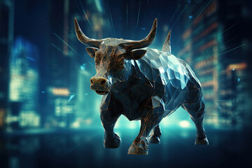 Bull and stock market graph in blue, digital technology and futuristic style.