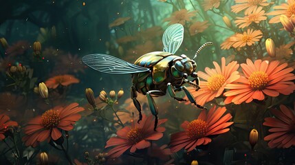 Fototapeta premium A beetle takes flight above lush plants, showcasing the intricate dance of nature and the beauty of small wonders in the wild. Generative AI.