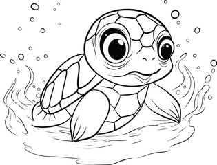 Cute cartoon turtle swimming in the sea. Coloring book for children.