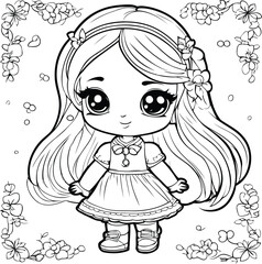 Cute little girl with flowers. Vector illustration for coloring book.