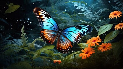Obraz na płótnie Canvas A beautiful butterfly gracefully soars over vibrant flowers and plants, encapsulating the serene elegance of nature's ballet. Generative AI.