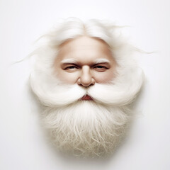 Face mask, head closeup of Grandfather Santa Claus without makeup with white beard, mustache and gray hair on white background - obrazy, fototapety, plakaty
