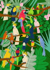 Vertical poster with jungles and colorful parrots. Tropical jungle with exotic parrots. Vector illustration