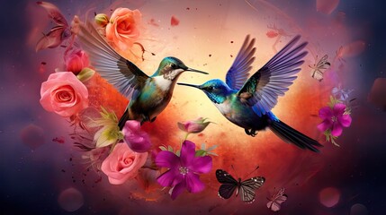 Two hummingbirds fly face-to-face amidst a backdrop of blooming flowers, symbolizing nature's delicate dance and vibrant harmony. Generative AI.