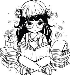 Cute little girl in glasses reading a book. Vector illustration.