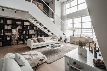 Stylish and elegant, this loft apartment showcases a luxurious white interior. Generative AI