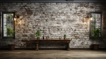 grey brick wall background, wooden table with plants