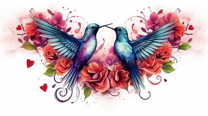 Fototapeta premium Two hummingbirds fly face-to-face amidst a backdrop of blooming flowers, symbolizing nature's delicate dance and vibrant harmony. Generative AI.
