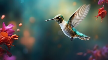 Fototapeta premium A hummingbird hovers with graceful agility, its wings a blur as it collects pollen from a vibrant flower, a dance of nature's symbiosis. Generative AI.