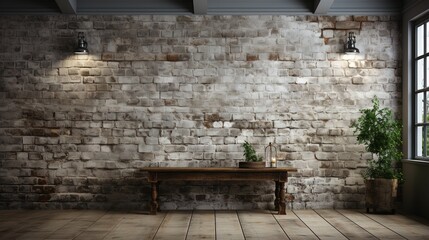 grey brick wall background , wooden table with plants