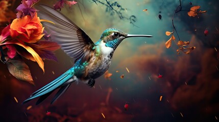 A hummingbird hovers with graceful agility, its wings a blur as it collects pollen from a vibrant flower, a dance of nature's symbiosis. Generative AI.