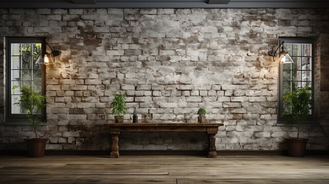 Fototapeta grey brick wall background, wooden table with plants