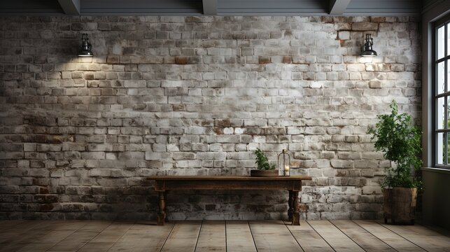 Fototapeta grey brick wall background , wooden table with plants