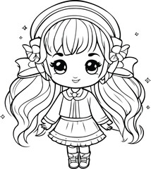 Cute little girl coloring page. Vector illustration for coloring book.