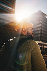 Back, thinking and man in a city, fashion and lens flare with ideas, planning and decision. Person,...