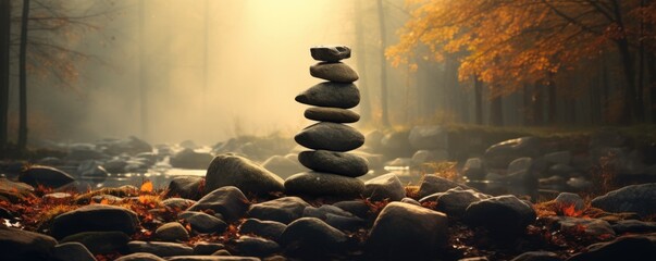 tower of zen stones in autumn forest on sunny day - obrazy, fototapety, plakaty