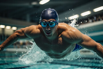A man of athletic build wearing a swimming cap and glasses dives into the water in the pool