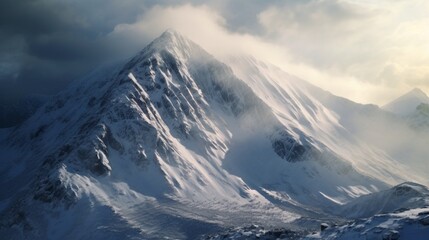 Fototapeta na wymiar Dramatic winter lighting on the snowy mountain ridge of Katahdin