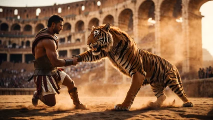 Rolgordijnen a gladiator fights a tiger in the coliseum © Amir Bajric