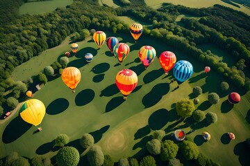 Create an aerial view of a air balloon festival with colorful balloons floating above the landscape - obrazy, fototapety, plakaty