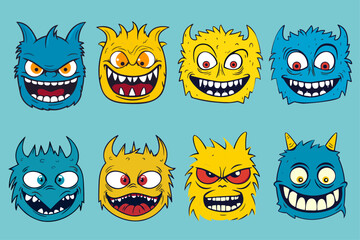 A collection of funny monsters or animals. A set of cute fantasy or fairy tale creatures. Cartoon characters isolated on background. Bright color children vector illustration in flat style