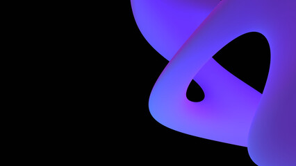 Abstract twisted purple 3d shape isolated on black background 8k 16:9. Bright curved design element. Dark futuristic backdrop for digital poster, business presentation, cover, website. Matte neon glow
