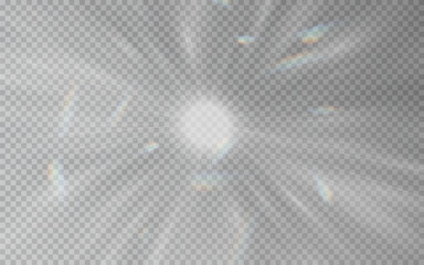 Vector rainbow crystal lights png. Light effect of a diamond explosion with glare. Rainbow flare, gently floating in the rays of light. Rainbow bunnies display in the sunlight.	