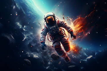 Abstract futuristic illustration of astronaut flying in interstellar space. Creative fantasy view of cosmonaut in spacesuit with a helmet. Galactic discovery and explore 