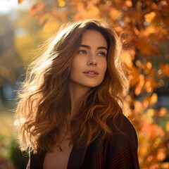 Fototapeta premium Beautiful young girl against a background of autumn leaves. Autumn, sunny golden light, sunlight