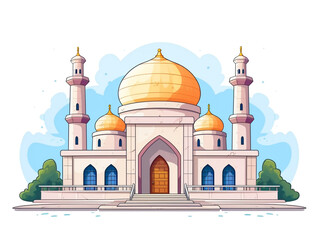 A medium-sized mosque with a main dome and several minarets. Front elevation view. 2D flat illustration image.