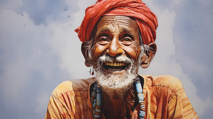 Portrait of an old Indian man. Smiling old man in national clothes. India. Watercolor illustration