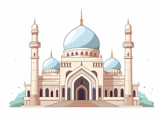 Fototapeta premium A medium-sized mosque with a main dome and several minarets. Front elevation view. 2D flat illustration image.