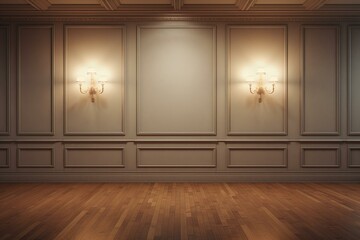 A vacant room, featuring two wall lamps, a central window, and a wooden floor. Generative AI