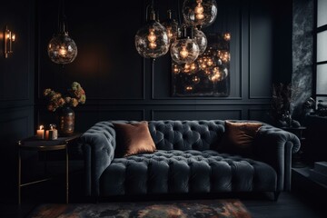 Decor of a chic and cozy sophisticated lounge on a dark backdrop. Generative AI