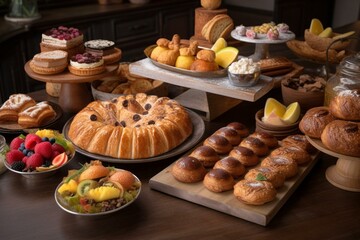 Fototapeta premium A tempting display of pastries on a wooden table, including croissants, fruit tarts, and macarons, inviting indulgence. Generative AI