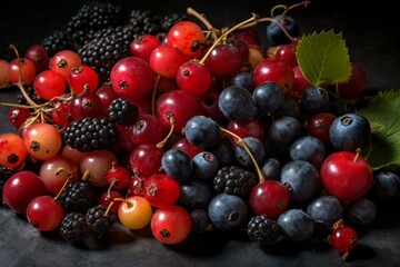 A detailed view of a cluster of berries arranged neatly on a tabletop. Generative AI