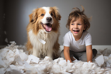 Front view of a smiling caucasian boy playing with his dog covered in toilet paper.