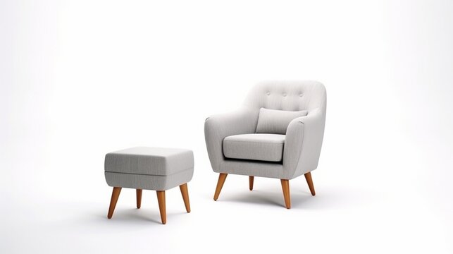 Gray color armchair and small chair for legs. Modern designer armchair on white background. Textile armchair and chair. Series of furniture