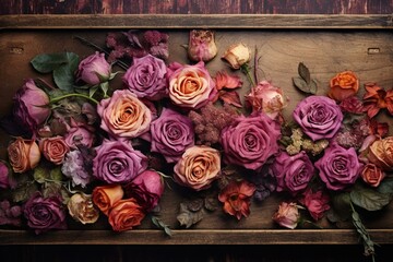 Bird's-eye view of withered roses and synthetic flowers or accessories on wooden box on textured table. Generative AI