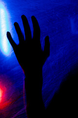 Arms of woman pressing against curtain. silhouette woman behind blue light poses mysteriously and artistically